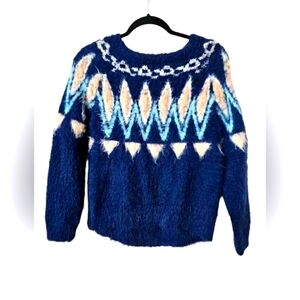 Lauren Conrad Eyelash Knit Fuzzy Fairisle Blue & Pink Pullover Soft Sweater